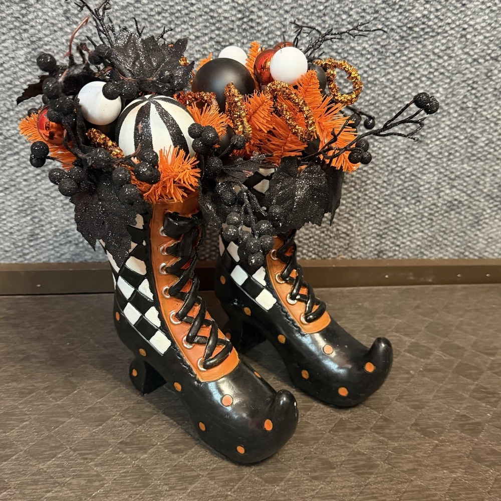 Decorative Table Top Witch Boots Halloween Planter Whimsical Harlequin Print